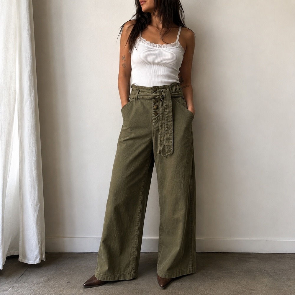 BlankNYC Olive Green Wide Leg Paperbag Pants Button Fly Size 27 Gorpcore Utility